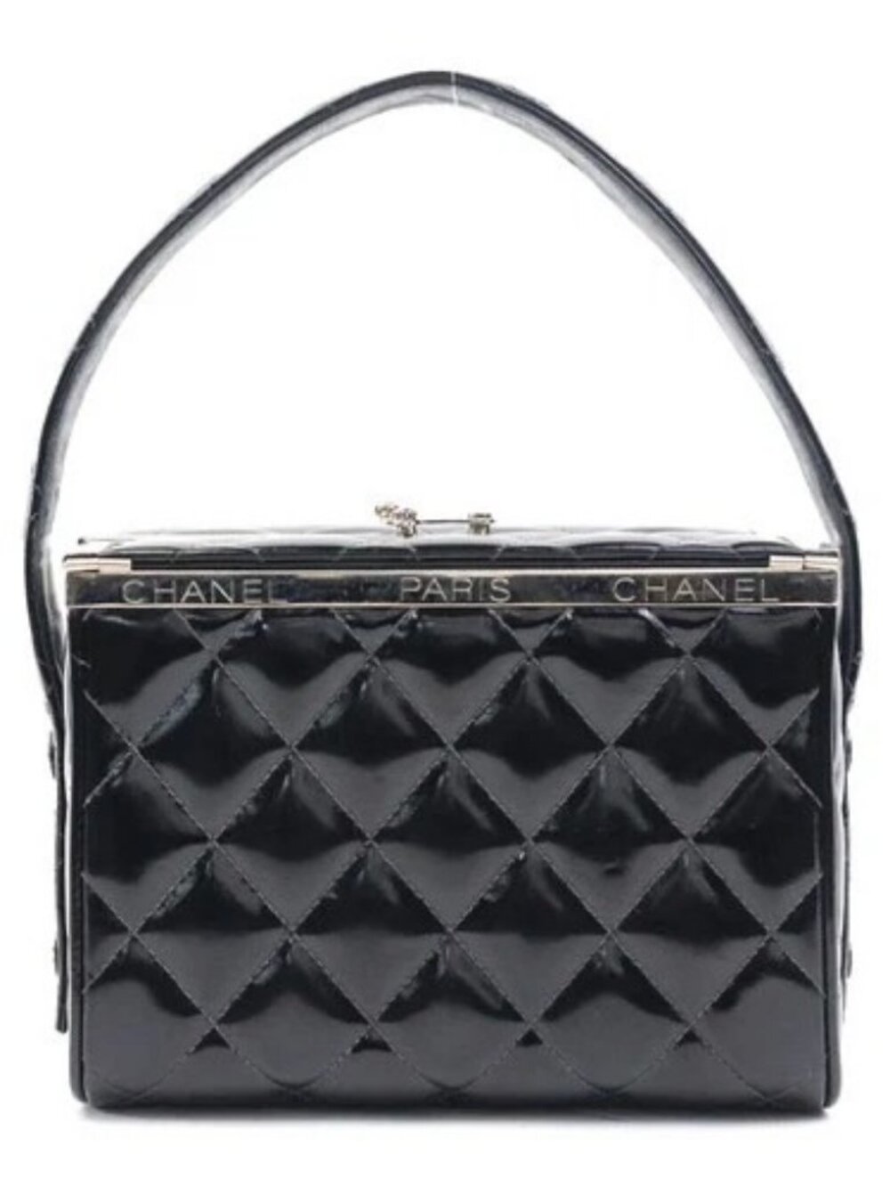 Auth CHANEL Matelasse Handbag Black/Silver Patent Leather/Metal - 90203a